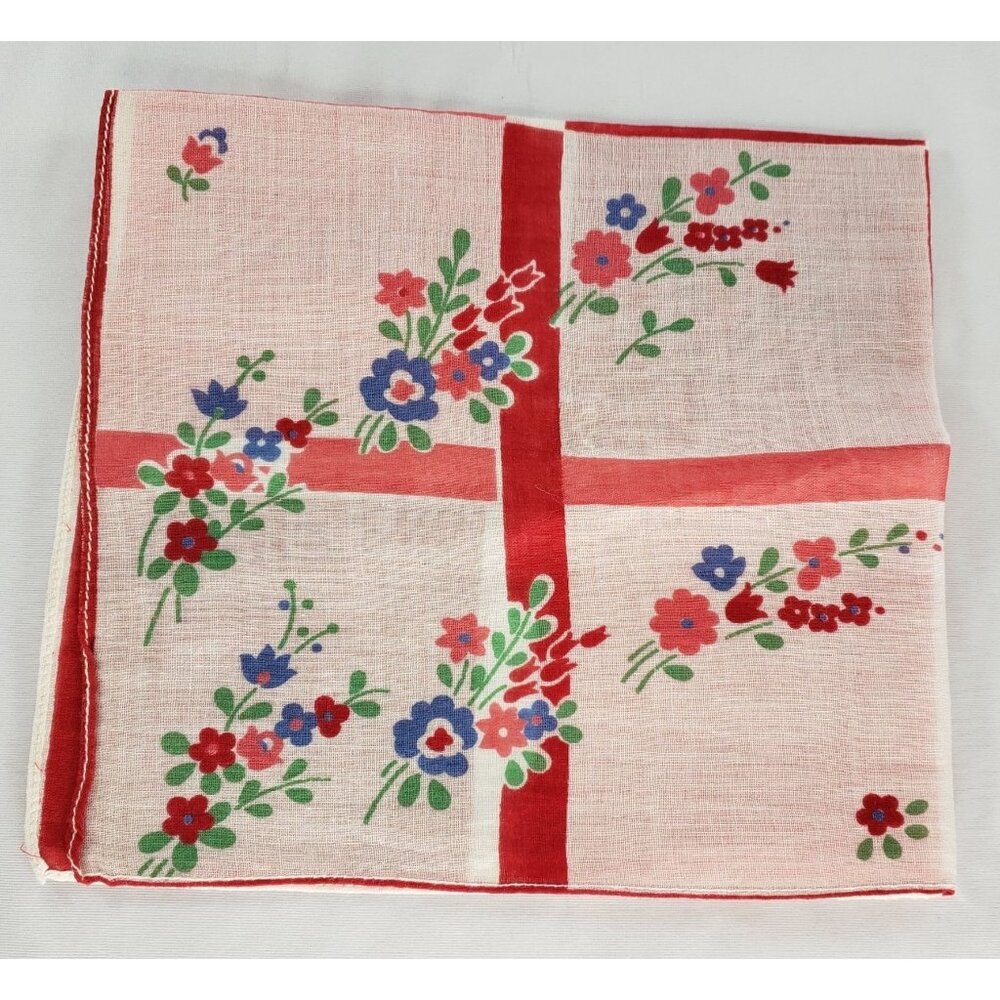 Vintage Linen Floral Handkerchief Red White Blue Square Geometric Flowers